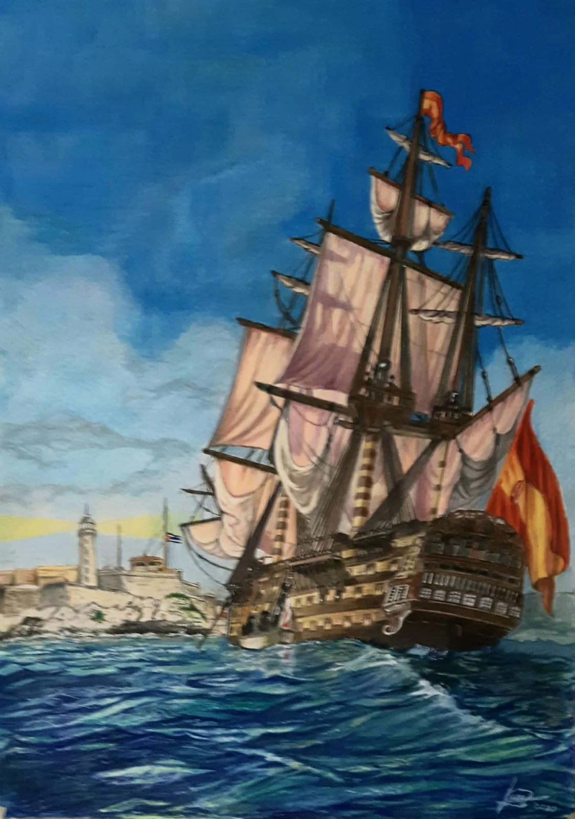 Dibujo realista de escena especial con barco y composici&oacute;n detallada