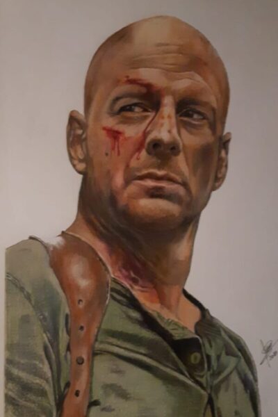 Retrato realista a lápiz de Bruce Willis, dibujo artístico personalizado de Artallapis Juan para regalar.