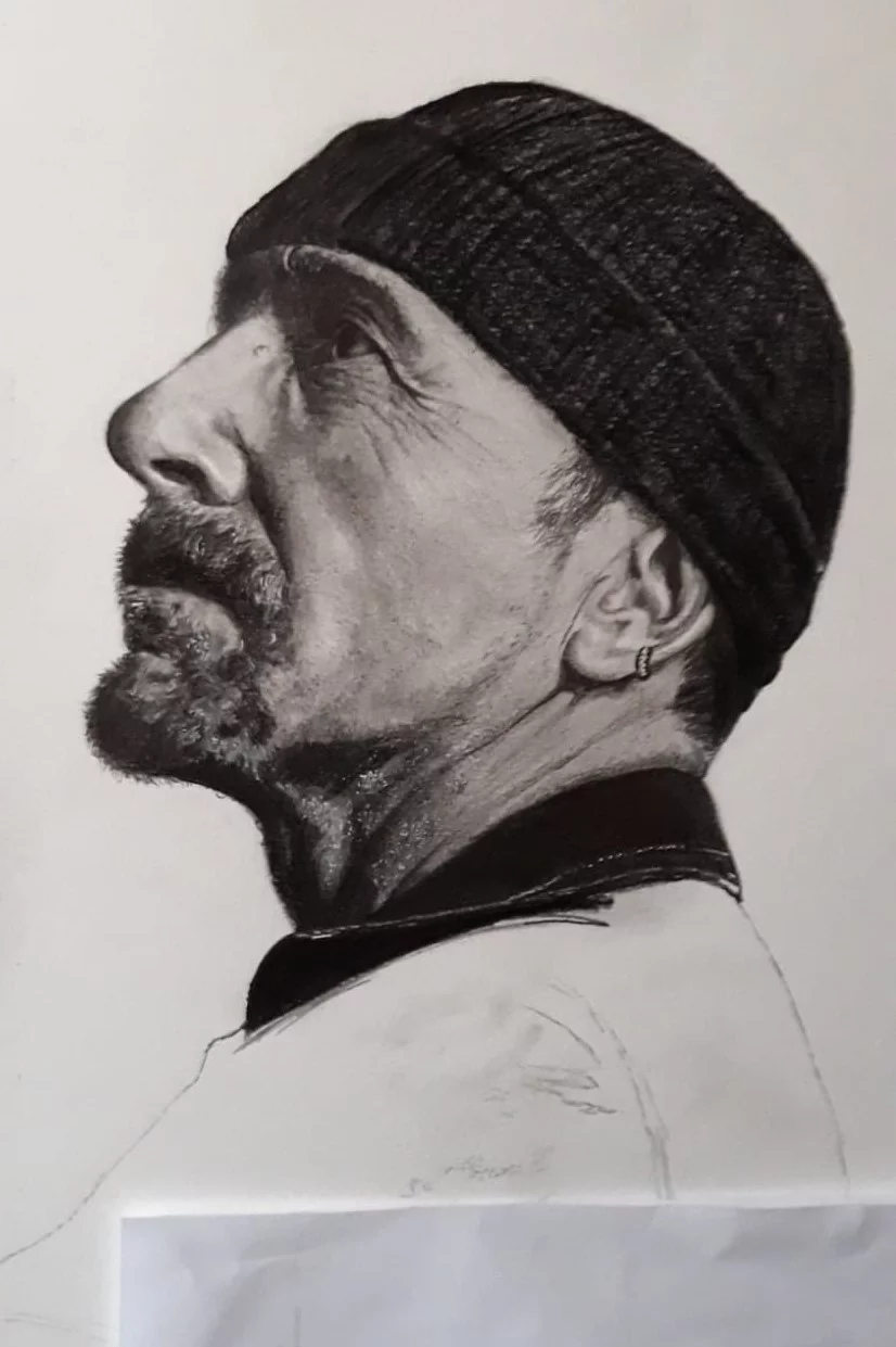 Detalle de retrato realista grande de The Edge