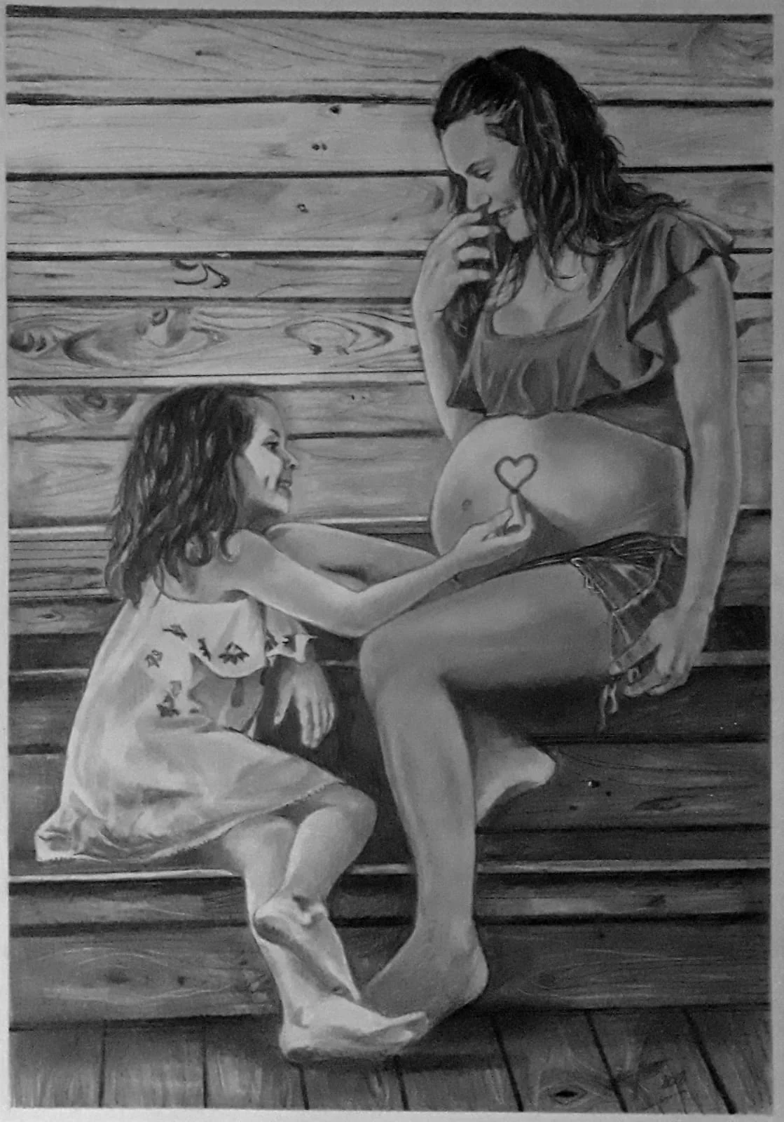 Retrato familiar a l&aacute;piz de madre e hija realizado desde foto