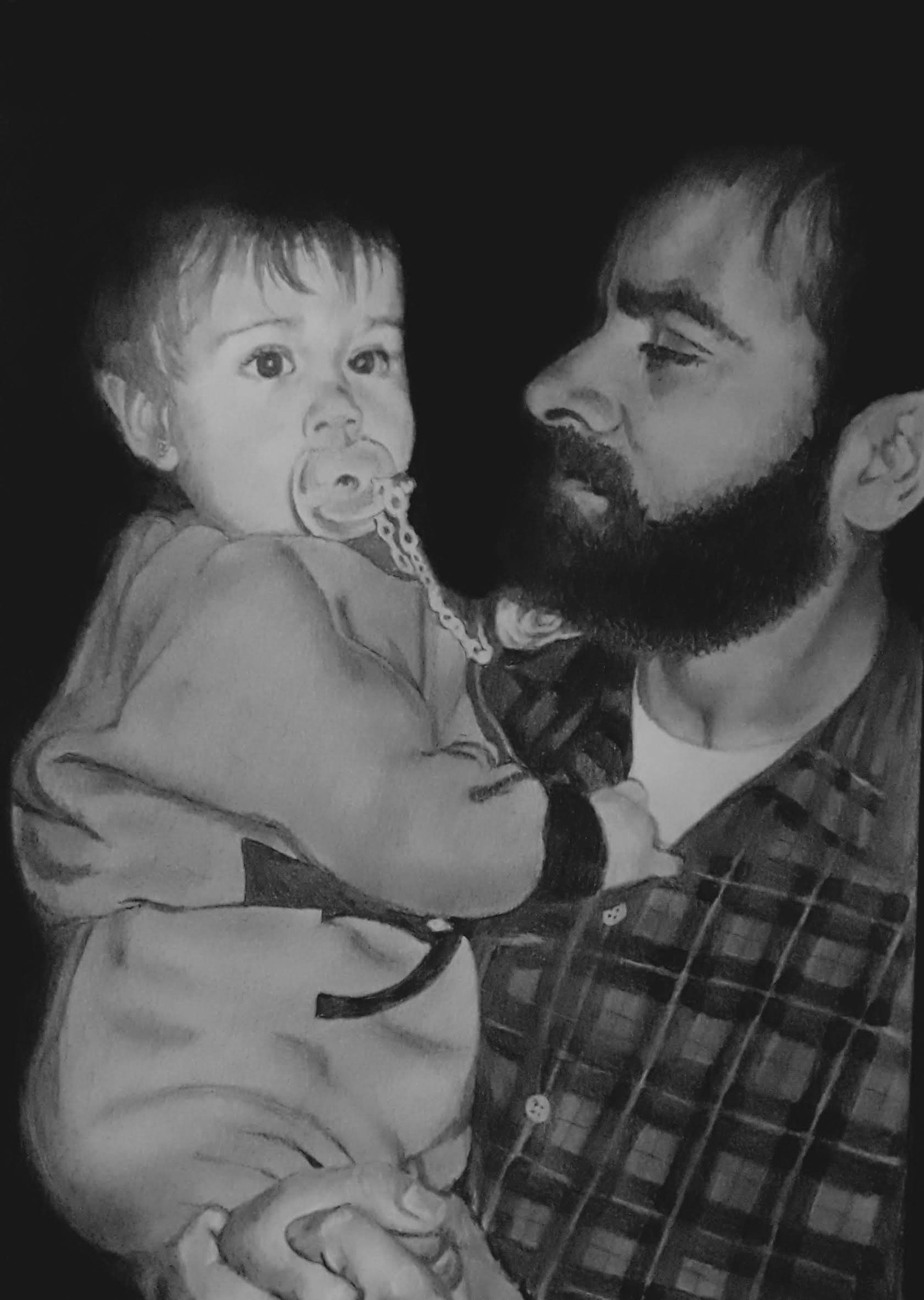 Retrato realista con bebé a lápiz grafito, encargo personalizado