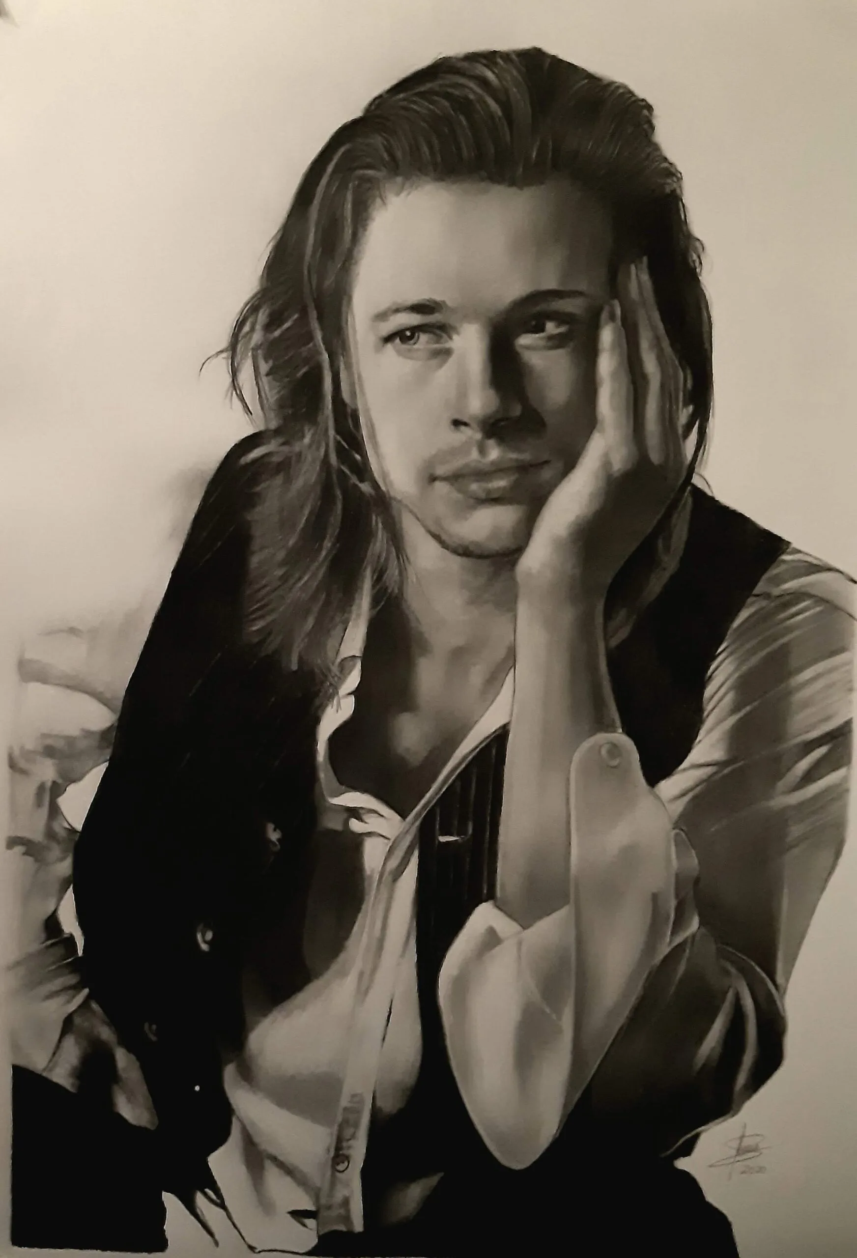 Retrato realista de Brad Pitt en Leyendas de Pasi&oacute;n a l&aacute;piz grafito tama&ntilde;o A2